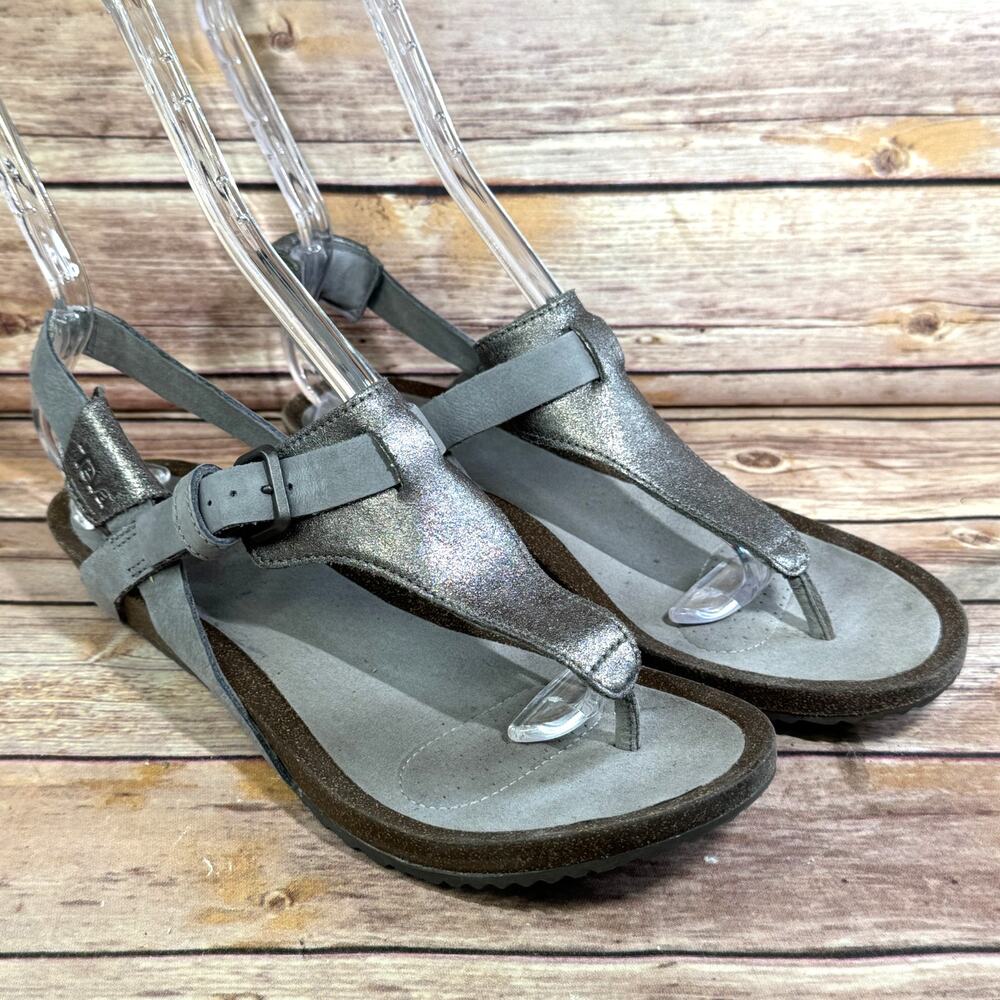 Teva Mahonia Metallic Silver Gray Leather Cork Wedge Adjustable Strap Sandals 10